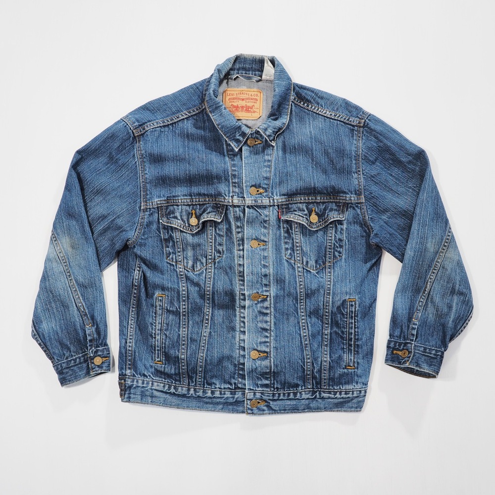 Levis Jean Jacket Mens Large Blue Standard Trucker Denim Red Tab Cotton Faded